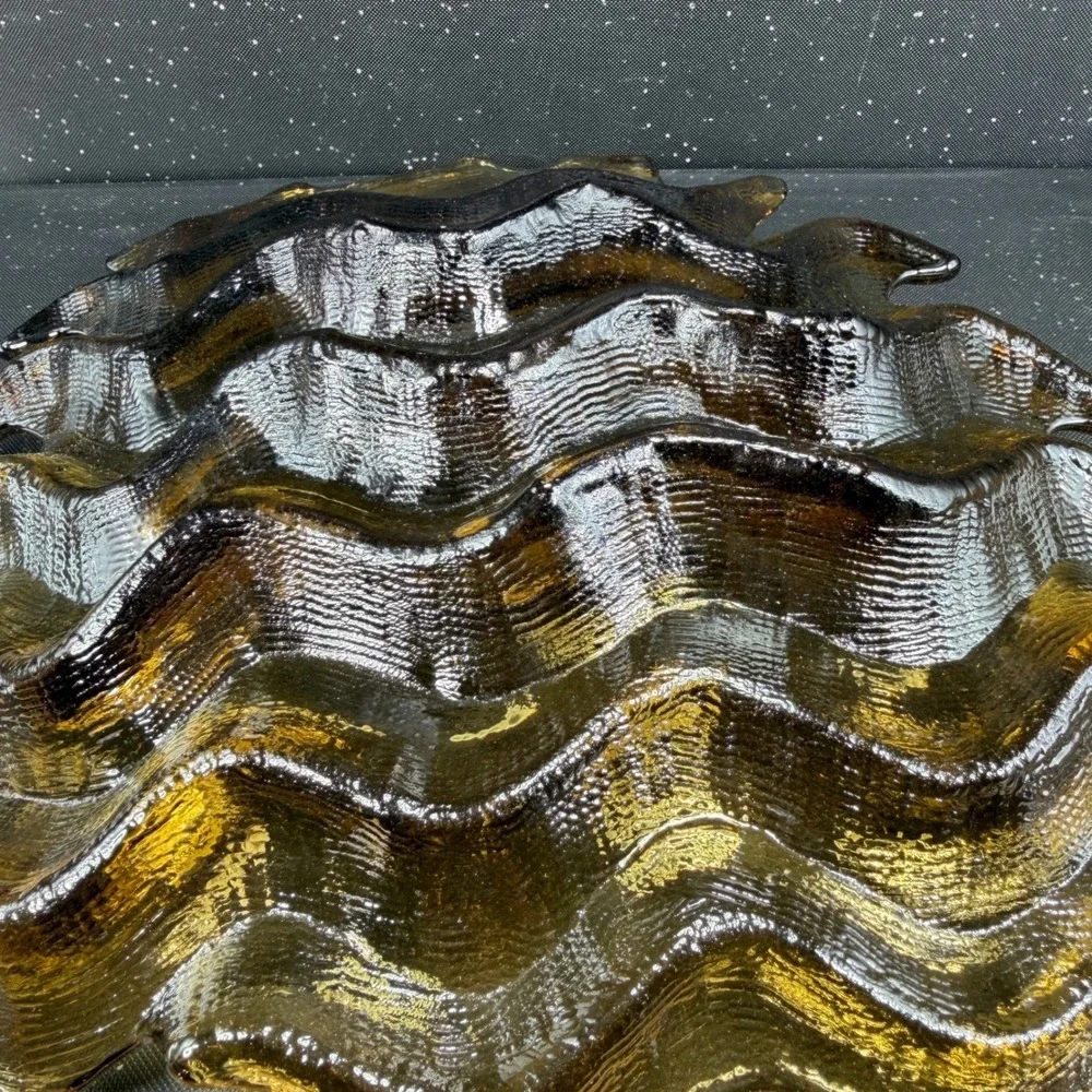 Hudson‎ Beach Amber Gold Textured Wavy Art Glass Centerpiece Bowl 13in Blown